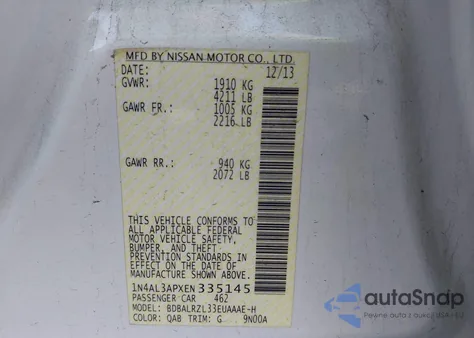 2014 Nissan Altima 2.5 S z USA, uszkodzony, nr VIN 1N4AL3APXEN335145